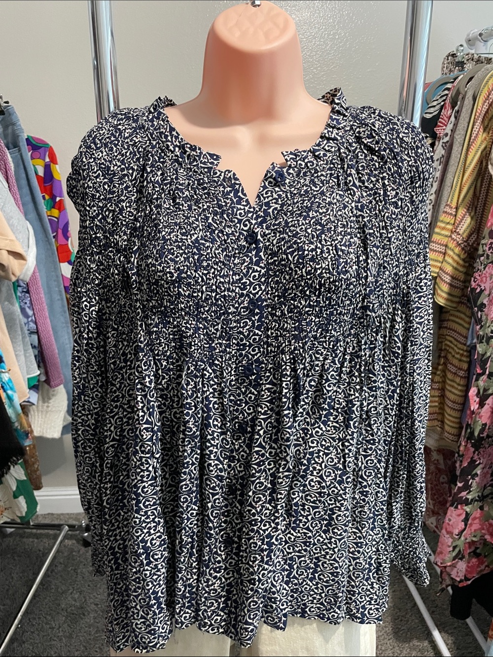 POL Navy and White Printed Peasant Blouse